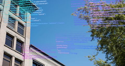 Code Overlay on Building and Sky Symbolizing Technological Future - Download Free Stock Images Pikwizard.com