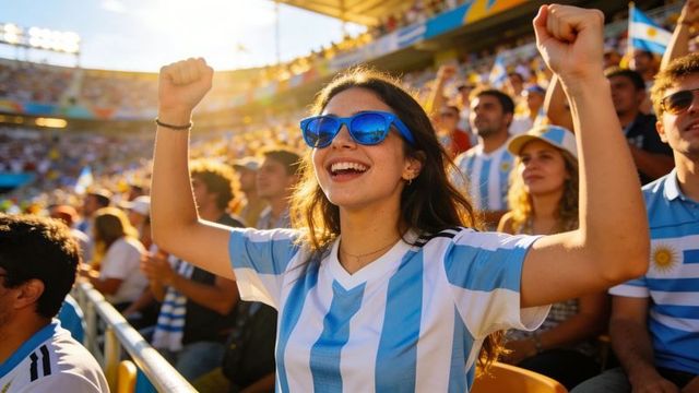 Sunlit argentine soccer fan cheering in stadium wearing blue sunglasses and striped jersey