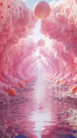 Pushing Through Pastel Pink Foam Corridor With Floating Striped Orange Orbs Vertical Loop