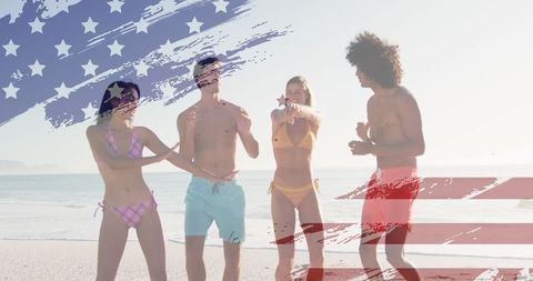 Group of Friends Dancing on Beach with Superimposed American Flag