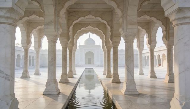 Marble colonnade framing domed mausoleum with reflecting water channel and scalloped arches