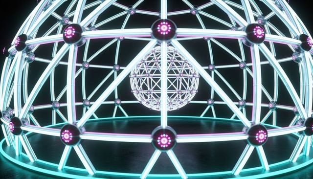 Neon geodesic dome with glowing inner orb, futuristic cyberpunk light sculpture