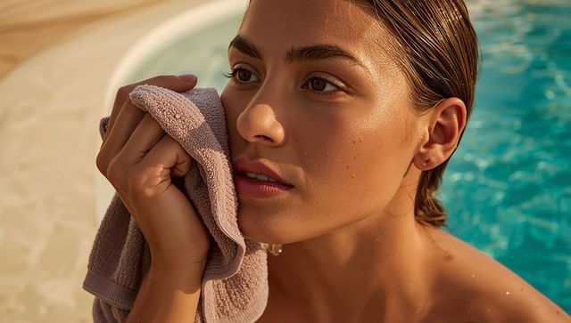 Hispanic woman drying face with towel by pool during golden hour closeup portrait