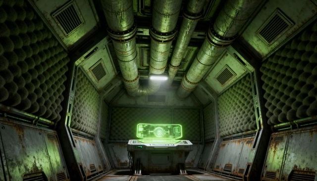 Glowing holographic console projecting green interface in futuristic industrial pod