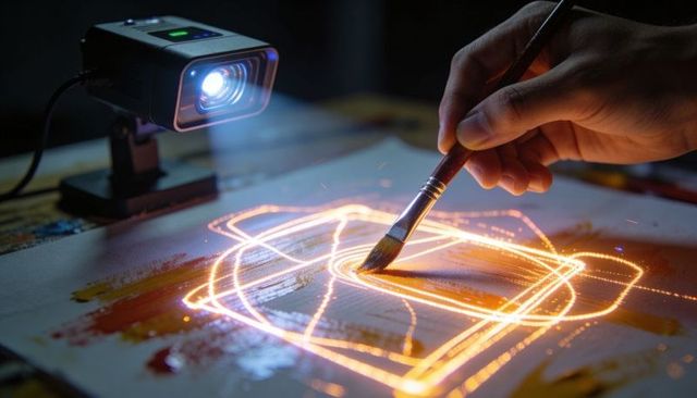 Artist painting neon light strokes with projector on canvas creative mixed media glow
