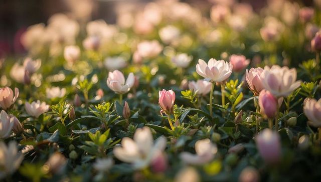 Backlit pale pink cup flowers blooming in dewy garden bed with warm bokeh macro closeup