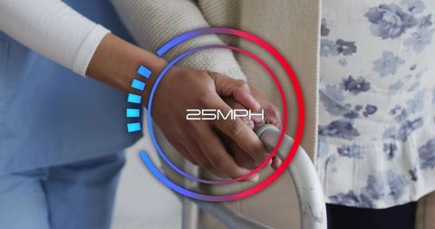 Nurse holding senior hands on walker, providing compassionate support with digital overlay