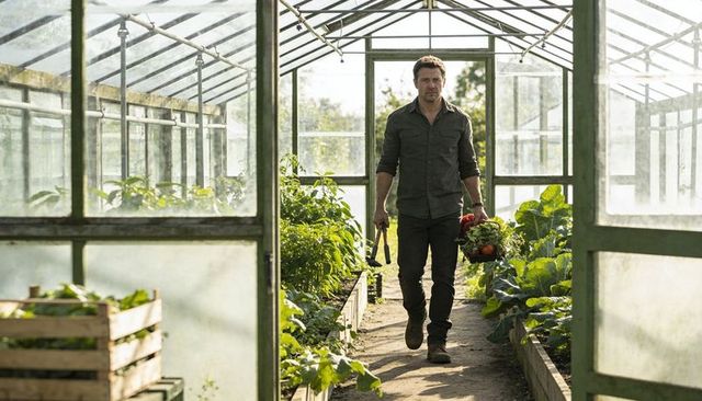Grower walking through greenhouse carrying fresh harvest basket and pruning shears
