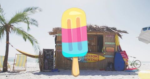 Colorful popsicle graphic overlaying vintage surf shack on sunny tropical beach