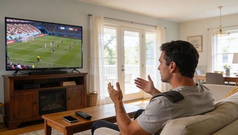 Man watching live soccer at home, reacting and gesturing on sofa in bright living room