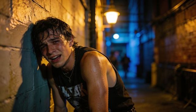 Young man leaning against wet cinderblock wall at night, sweating and distressed, moody alley