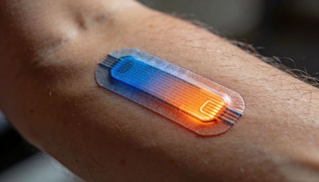 Glowing adhesive bioelectronic wearable sensor patch forearm with blue orange led circuit