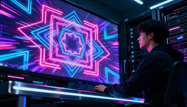 Young man working at cyberpunk workstation with curved neon monitor and geometric tunnel
