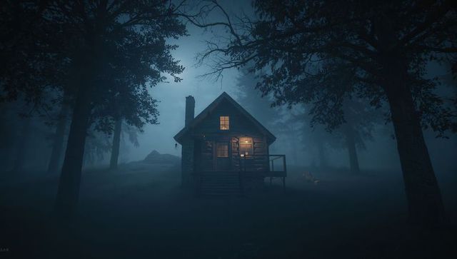 Illuminated Cabin in Foggy Forest at Night