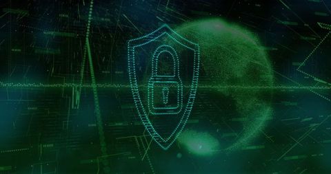 Glowing Shield Icon with Padlock Protecting Data Streams in Cyberspace