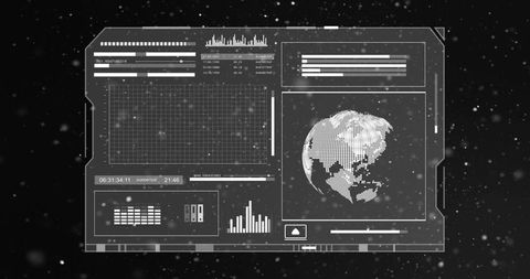 Monochrome futuristic hud dashboard with dotted globe, grid graphs and data analytics