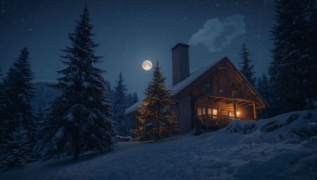 Glowing moonlit log cabin in snowy pine forest with lit evergreen and smoking chimney