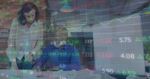 Overlay of Business People and Financial Data Visualization