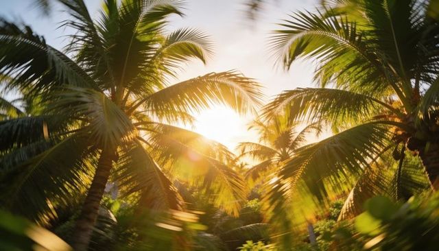 Golden hour coconut palms bathing in warm backlight, sun flare, lush tropical fronds