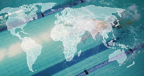 World map overlaying turquoise lap pool with swimmer splashing in lanes for global fitness