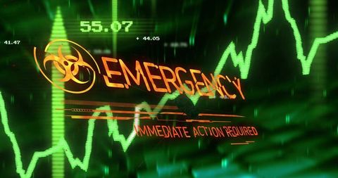 Displaying emergency biohazard alert with glitchy neon hud and oscilloscope waveforms