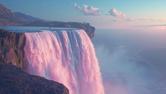 Majestic Dramatic Waterfall with Pink-Hued Mist under Pastel Sky