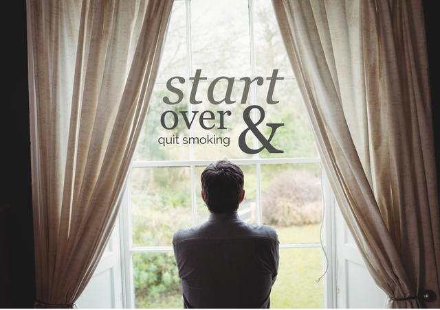 Motivational message inspiring individuals to quit smoking and embrace new beginnings. Man stands alone, gazing out large bright window. Calm scenery outside evokes sense of reflection and determination. Great for websites, blogs, posters, and campaigns focused on health, well-being, and self-improvement.
