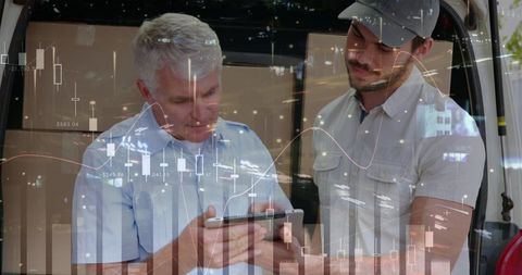 Delivery Workers Studying Financial Data on Digital Tablet