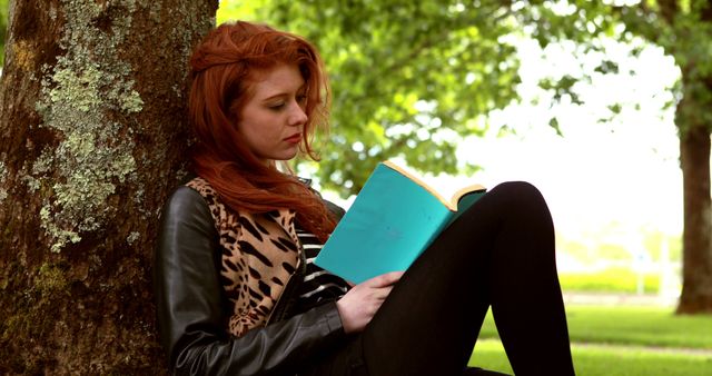 Young Woman Reading Book Under Tree in Calm Park - Download Free Stock Images Pikwizard.com