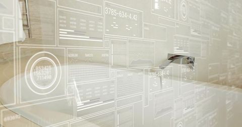 Futuristic bathroom vanity featuring glossy white basin, chrome faucet and holographic data overlays