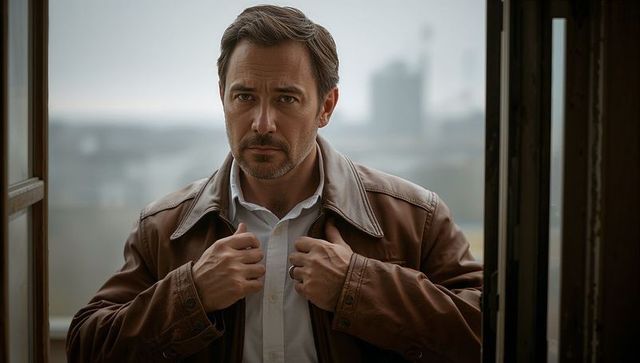 Adjusting brown leather jacket, standing in moody urban doorway, contemplative middle-aged man