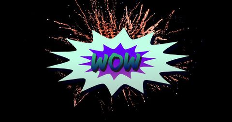 Comic Style WOW Text with Fireworks Background