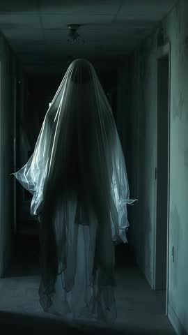 Veiled Ghost Drifting Down Dark Corridor Under Flickering Light | Vertical Horror Video