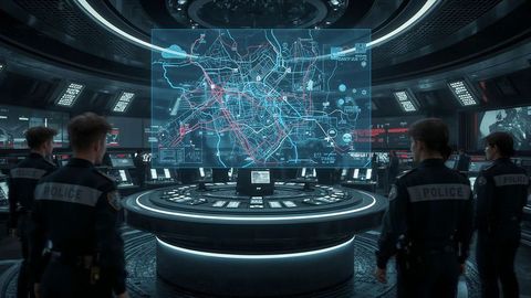 Police officers watching holographic map in advanced control room