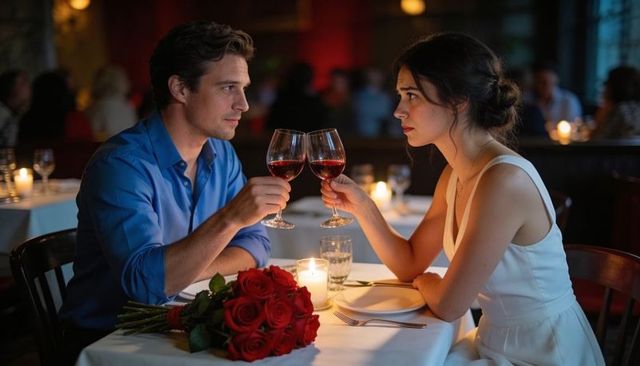 Candlelit romantic dinner toast, couple clinking red wine glasses with roses