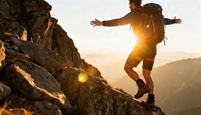 Balancing hiker trekking rocky ridge at golden hour with backpack and hiking boots