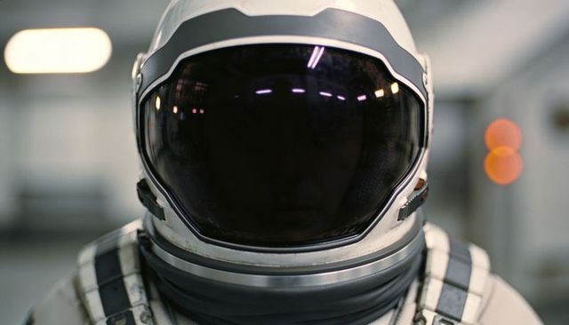 Futuristic astronaut facing camera in hangar with reflective visor and high-tech suit