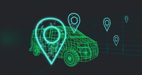 3D Van Model with Location Pins in Digital Tunnel Futuristic EV Concept