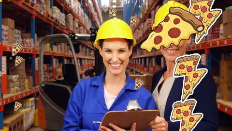Smiling Warehouse Workers with Animated Pizza Compilation