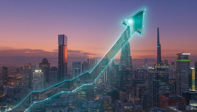 Glowing arrow highlighting business growth over modern cityscape