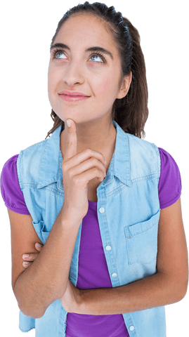 Thoughtful Brunette with Comipositional Ideas Over White Background