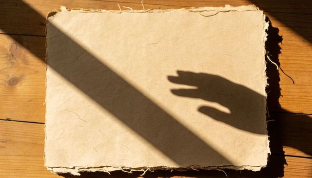 Hand casting shadow on deckled handmade paper resting on rustic wooden table in warm sunlight
