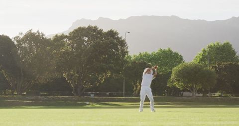 Cricket player in action position field suburban landscape