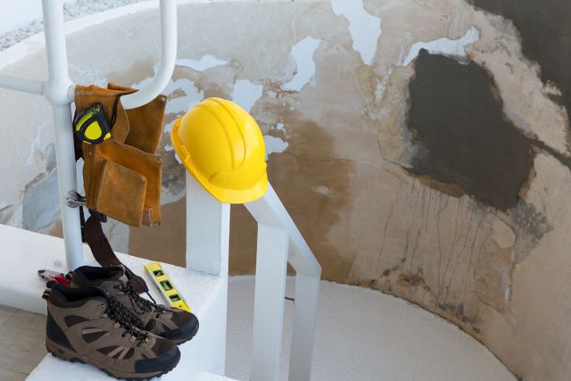 Construction gear including a yellow hard hat, tool belt, and safety shoes arranged on a staircase with a worn wall in the background. Ideal for illustrating themes of construction, renovation, safety, and worksite preparation. Useful for articles, advertisements, and educational materials related to construction safety and equipment.