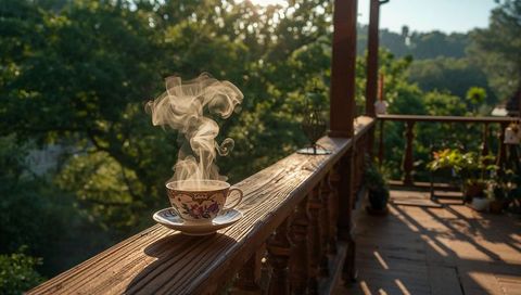 Steaming vintage floral teacup on sunlit wooden porch railing at golden hour