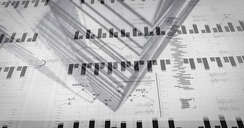Monochrome financial charts with palm leaf shadow casting over printed analytics