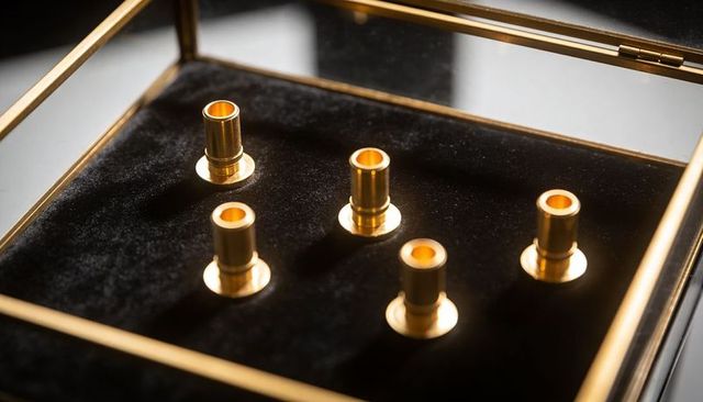 Showcasing brass cylinder bushings on black velvet inside gold glass display case