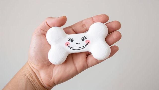 Left hand holding cute smiling bone toy for pet brand, social media, packaging use