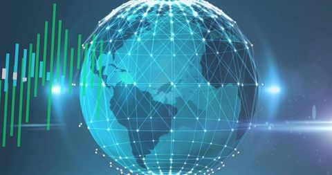 Rotating digital globe with mesh network grid, neon nodes and financial waveform