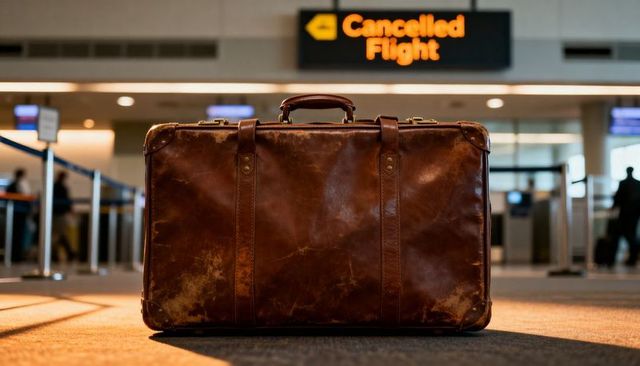 Worn leather suitcase sitting at airport check-in under illuminated cancelled flight sign